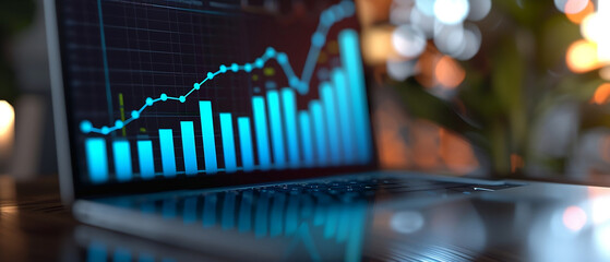 Working laptop with blue charts on the monitor