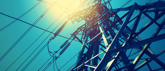 A view from below of an electrical tower with wires