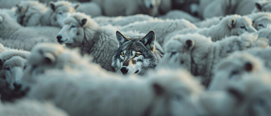 A hidden wolf among a flock of sheep