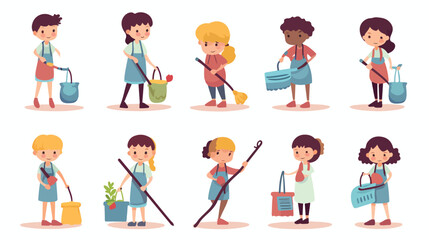 Set of children characters doing household chores f