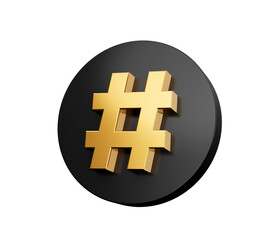 Gold Hashtag Sign with black circle , 3D illustration