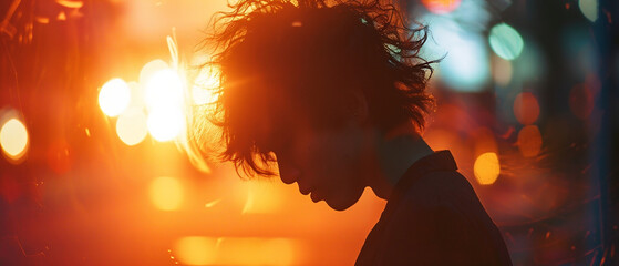 Asian young man on sunset background golden hour sunset head profile