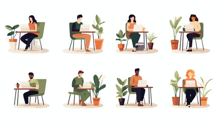 Set of freelance people working remotely vector fla