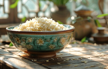 Jasmine rice in bowl on wooden table