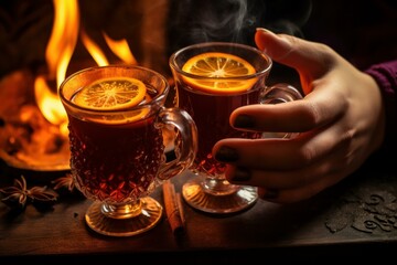Close-up of hands holding steaming mulled wine against a warm fireplace backdrop