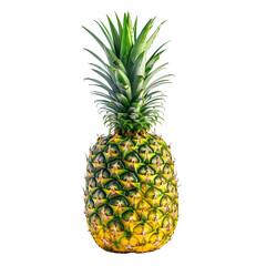 A large, unpeeled pineapple sits on a white background. The pineapple is green and yellow, and it is fresh and ripe