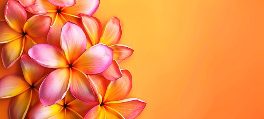 Bright orange frangipani flowers on a solid background. Vibrant plumeria arrangement, isolated on orange. Concept of vivid floral display, tropical beauty, and design elements. Banner. Copy space
