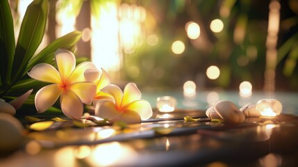 Decorative arrangement of frangipani blossoms on a bamboo surface, illuminated by warm light....