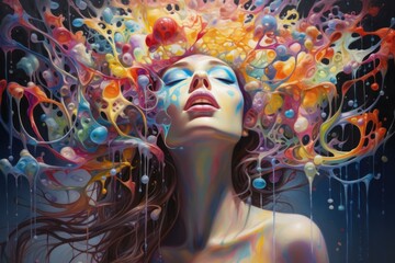 Dreamy portrayal of a woman with a vibrant explosion of paint splashes as a headdress
