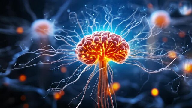 Neural network brain, synapse connections, brain stimulation or activity with neuron close-up.
