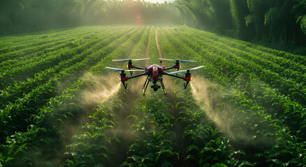 Agriculture drone fly to sprayed fertilizer on the green tea fields