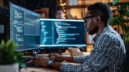 Confident African American software developer working on new project using multiple computer monitors.