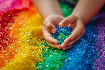 Child's hands gently holding colorful water beads in a sensory play activity. Educational concept promoting fine motor skill development and sensory exploration in early childhood. Generative AI