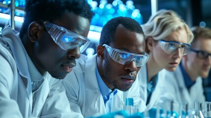 Diverse group of scientists wearing lab coats and safety goggles work together in a modern laboratory.