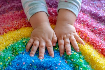 Child's hands exploring colorful water beads in a sensory play activity. Developmental concept...