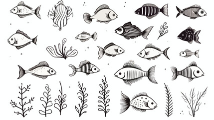 Set of hand drawn little fishes and seaweed sketch