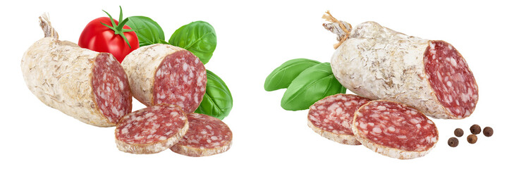 Cured salami sausage isolated on white background. Italian cuisine with full depth of field