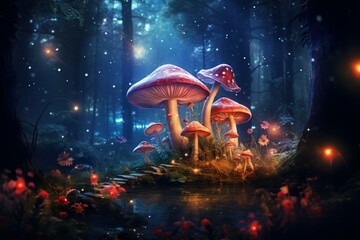 Atmospheric image of glowing mushrooms in a mystical, dark forest setting