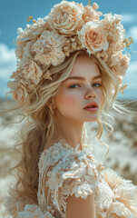 Fototapeta premium Beautiful young woman in wreath of roses. A woman in a dress with a flower on the head in the desert