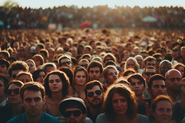 Dense crowd of festival-goers enjoying an event at sunset with warm lighting