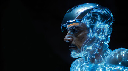 A man wearing a high-tech suit emitting bright, glowing lights.