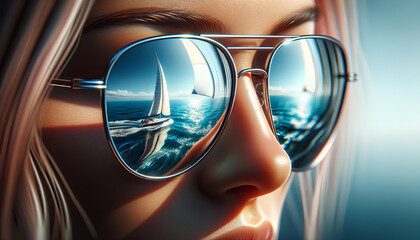 A woman in mirrored sunglasses that reflects a yacht and the sea horizon