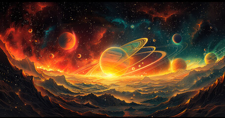 The universe planets and stars. An illustration of the solar system with each planet surrounded by...