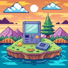 Pixel art old video game console in landscape, background in retro style for 8 bit game
