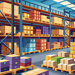 Warehouse with racks and shelves, filled with wooden boxes on pallets, Distribution products, Warehouse industrial and logistics companies, Commercial warehouse.