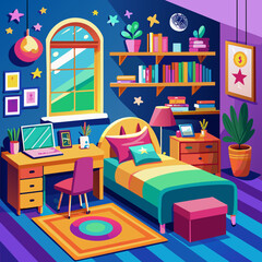 Colorful bedroom design for teenager, single wooden bed and desk with books
