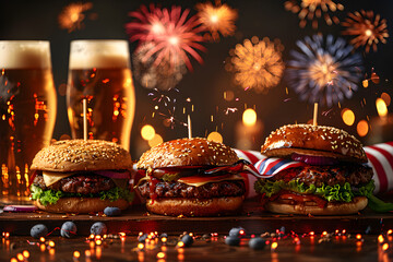 Burgers on a wooden board in pub, barbecue with American flag, beer and fireworks in the background. 4 July independence day celebration happy hours and sales.
