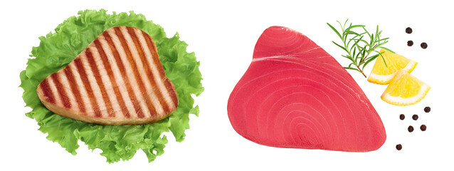 Tuna fish steak grilled isolated on white background with  full depth of field, Top view. Flat lay