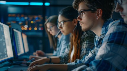 A diverse group of individuals sitting in front of computers, engaging in work or study activities.