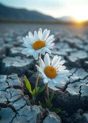 Two daisies grow in dried up empty field. Concept of the effect of global warming