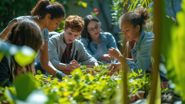Skilled teacher talking and teaching about environmental sustainable while preparing for planting tree and surrounded with diverse children learning about green clean power. Climate change. AIG42.