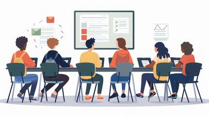 A group of individuals seated at a table, engaged in conversation or a meeting.