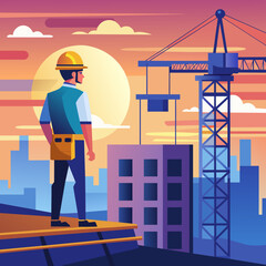 Builder wearing hard hat stands at the top of the building at sunset. Man looking down at the construction site. Crane at backdrop