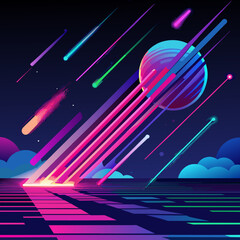 Abstract neon background. Pink blue glowing lines, speed of light, meteor shower. Digital wallpaper