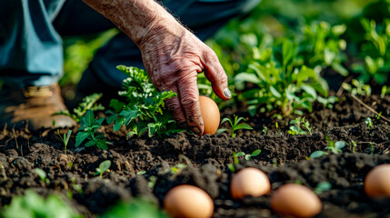 Older person picking up egg from the ground in garden of plants.