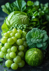 Green vegetables and fruits on dark background