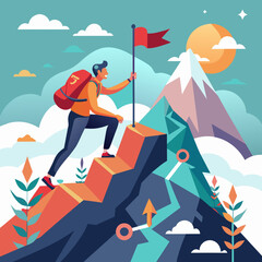 Goal to success for level up with person climbing on route slope to mountain peak, human performance limit concepts, growth mindset and motivation