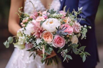 Bride and Groom Holding Bouquet of Flowers