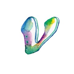 A colorful rainbow watercolor small letter "V" against a pristine white background, adding a vibrant and dynamic touch to the scene