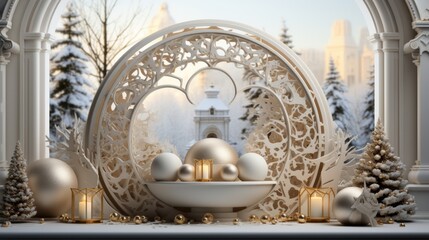 White and Gold Christmas Decoration With Circular Mirror