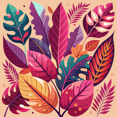 Colorful vintage leaves organic background, trending viva magenta shades color, illustration