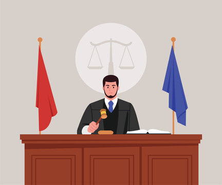 Vector illustration of a male judge. Cartoon scene of a judge in a robe, holding a wooden gavel, sitting at the judge's table, an open book, red and blue flags, scales of justice, measures.