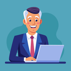 Happy mature business man executive manager looking at laptop computer watching online webinar or having remote virtual meeting, video conference call negotiation.
