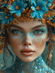 Close-up portrait of girl with fantasy make-up and wreath of blue flowers on her head.