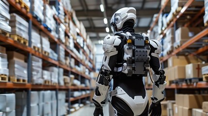 A robotic exoskeleton assisting a worker in lifting heavy crates at a warehouse