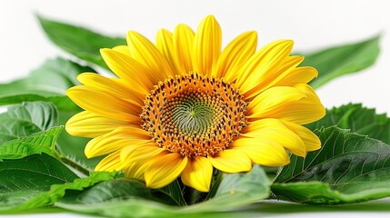 Obraz premium A single sunflower in full bloom against a white background. The sunflower has bright yellow petals and a dark brown center. The leaves are a deep green color.